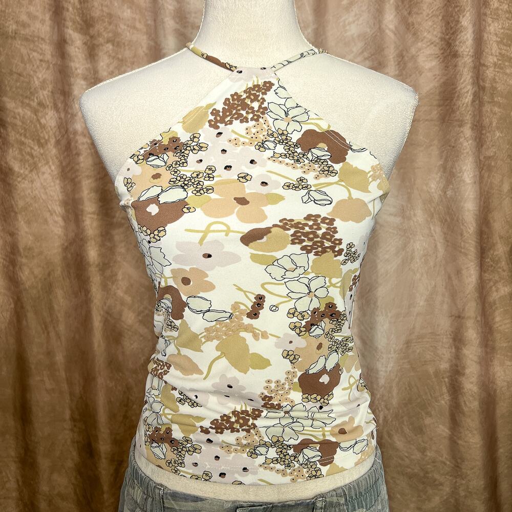 Vintage Y2K Floral Print High Neck Choker Tank Top Low Back Boho Fairy Mod Indie